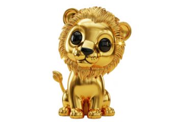 Cute golden lion cub sitting isolated on transparent background for kids design and luxury branding