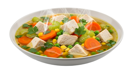 A steaming bowl of chicken soup with vegetables on transparent background