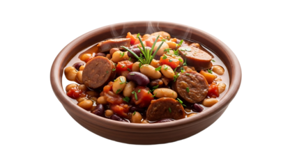 A steaming bowl of hearty sausage and bean stew on transparent background