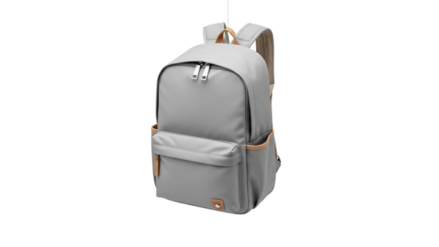 A light gray backpack with tan accents hangs on a hook against a black background on transparent background - Powered by Adobe