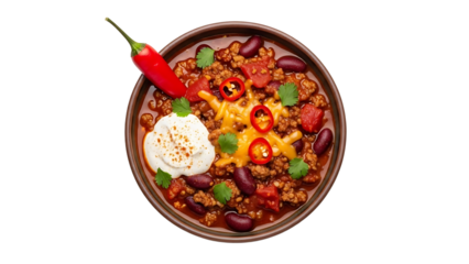 A delicious bowl of chili con carne on transparent background