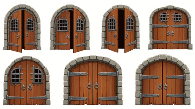Castle gate vector medieval collection, open wooden ancient door, iron grate, stone arch isolated on white. Vintage city entrance, closed dungeon double entry. Game elements, castle gate illustration
