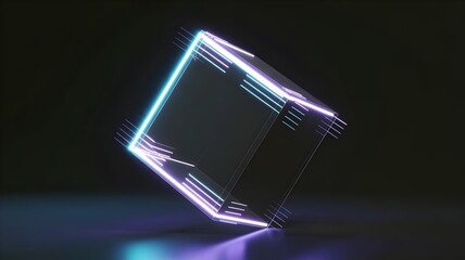 Rotating neon cube with blue edges - Ideal for futuristic technology.