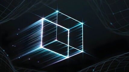 Digital wireframe cube glowing in dark - Great for data visualization.