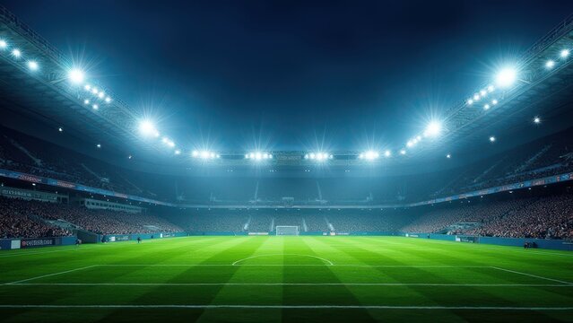 soccer stadium at night viewed from field pov illuminated arena with bright floodlights empty green pitch high resolution sports scene dramatic atmosphere concept of football event sports