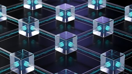 Glowing glass cubes in network web - Ideal for cloud computing.
