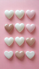 Many heart shape white chocolate candy arranged on a pink background. Vertical template of sweet dessert for confectionery, Valentine's Day, or romantic gift concept.