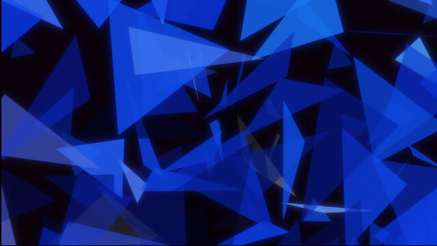Abstract digital composition of fragmented blue triangles on a black background, conveying motion, tension, and explosive energy through sharp geometric forms.