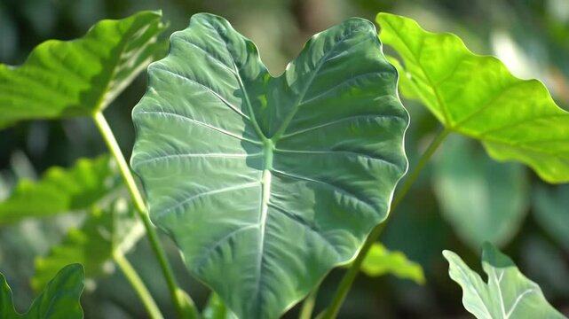 Lush Green Elephant Ear Plant Leaves Thriving in a Tropical Garden Environment.