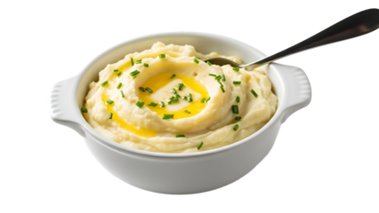 A bowl of mashed potatoes with butter and chives on transparent background