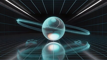 Glowing sphere over digital grid - Ideal for virtual reality themes.
