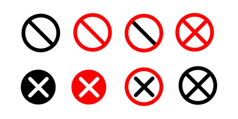 Vector illustration set of red prohibited warning signs including no smoking with cigarette icon, no entry road symbol, and stop cross button isolated on white © Afsana