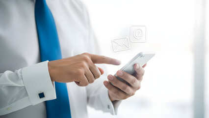 A professional businessman in an office uses a digital tablet and mobile technology for internet communication and work