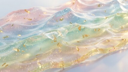 Wavy translucent gel texture with pastel colors and floating gold leaf flakes