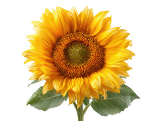 Obraz premium Close-up of a vibrant sunflower. Bright yellow petals surround a dark-orange central disc. Green leaves at stem. Isolated on black