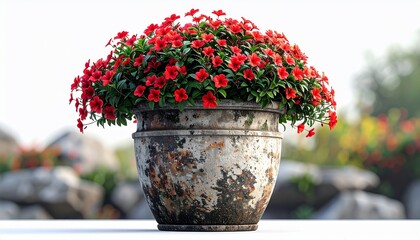 An old, weathered metal pot overflowing with vibrant red flowering plants