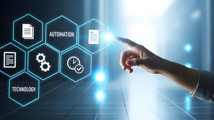 Businessman hand pushing a virtual button on a digital touch screen interface to innovate business technology and network connectivity