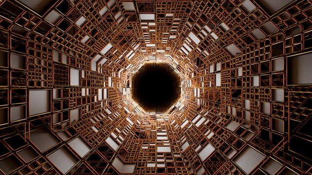 Seamless loop background with geometric tunnel made of golden wireframe and steel rectangular panels. Smooth moving through deep futuristic corridor with intricate sci-fi patterns. 3D render, 4K 60fps