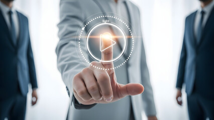 A businessman's hand uses a finger to touch a virtual screen button, symbolizing a digital technology concept for internet connection and future business success through a social network choice