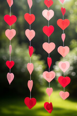 A paper garland with red and white hearts against a green blurred background. Vertical template for Valentine's Day, engagement, and wedding decor. Poster with space for text.