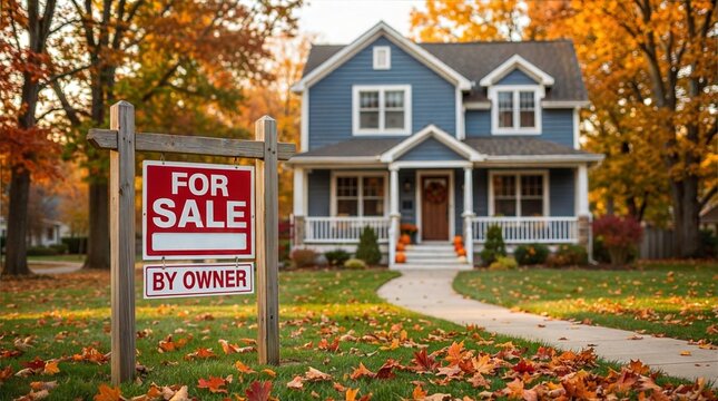 For Sale by Owner Sign in Front of Blue House During Autumn