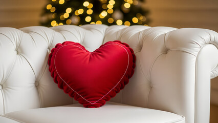 A red heart-shaped pillow on a white luxury sofa against a blurred backdrop of a glowing Christmas tree. Banner template for Valentine's Day, engagement, and New Year's celebrations.