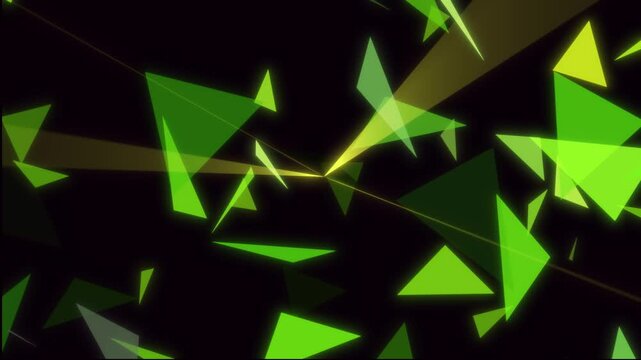 Abstract black background filled with scattered green triangles of varying sizes, overlapping in a dynamic low-angle composition that conveys depth, motion, and energy.