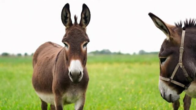 Two donkeys standing in a green field daytime