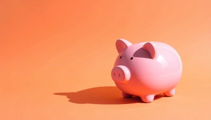 A classic pink piggy bank sits on an orange background, casting a long shadow