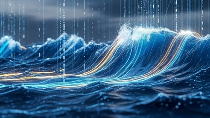 Ocean wave with glowing blue and gold lines in rain. Glowing ocean wave with blue and gold lines on a rainy day