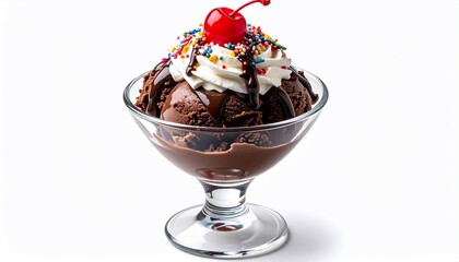 Rich chocolate ice cream sundae in a glass, topped with whipped cream, sprinkles, and cherry