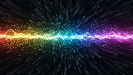 Vibrant Rainbow Light Beam with Sparkling Particles. A mesmerizing display of colorful light beam with sparkling particles on a dark background