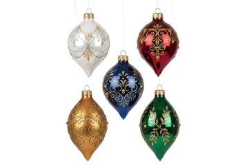 A festive collection of five vibrant teardrop christmas ornaments adorned with intricate gold patterns isolated on transparent background