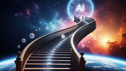 Stairway to celestial dreams with glowing planet and galaxy background. Curved staircase leading to a glowing planet with a vibrant galaxy background and celestial elements