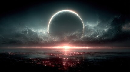 A darkened landscape with a large glowing celestial body rising over a body of water