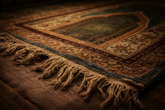 Worn Islamic Prayer Rug on Wooden Floor with Warm Light