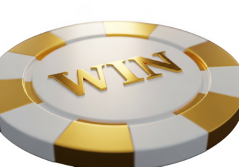 Golden win casino chip isolated on transparent background for gambling and gaming use cases