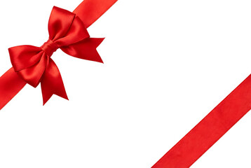Vibrant red satin ribbon with a beautifully tied bow gracefully crossing a dark background isolated on transparent background