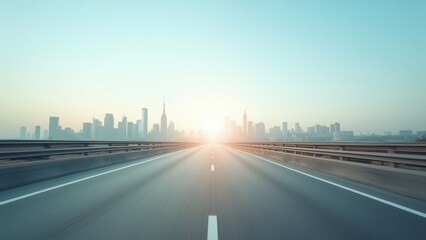 Obraz premium wide open road from low angle perspective leading toward distant city skyline under clear sky minimal highway scene with strong depth and freedom feeling concept of travel transportation