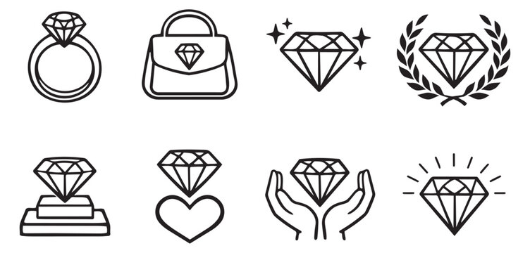 Hand drawn line art diamond icons set featuring a ring, a handbag, sparkling gems, and symbolic designs for jewelry, luxury, and success concepts