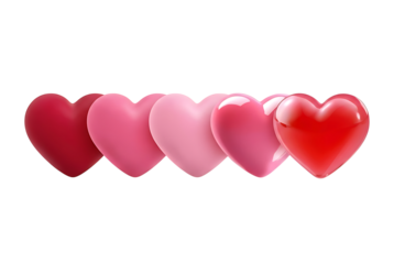 A beautiful gradient of five 3d hearts in shades of red and pink on a isolated on transparent background