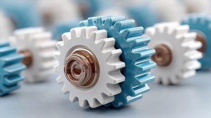 A close-up view of interlocking gears with white and blue teeth and copper-colored centers on a light blue surface