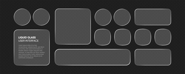 Obraz na płótnie Canvas Trend liquid glass frames and buttons set transparent background. Vector EPS10 realistic illustration of glass morphism text boxes, menu windows, search bars, website, mobile app ui ux design elements