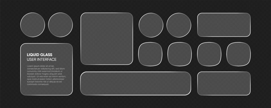 Trend liquid glass frames and buttons set transparent background. Vector EPS10 realistic illustration of glass morphism text boxes, menu windows, search bars, website, mobile app ui ux design elements