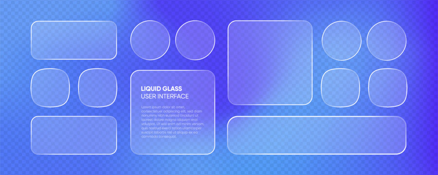 Trend liquid glass frames and buttons set transparent background. Vector EPS10 realistic illustration of glass morphism text boxes, menu windows, search bars, website, mobile app ui ux design elements