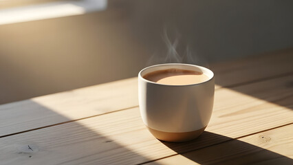 Steaming cup of hot milk tea on rustic wooden table near window morning sunlight casting shadows on wood background minimalist warm beverage aesthetic cozy drink scene with steam rising from mug