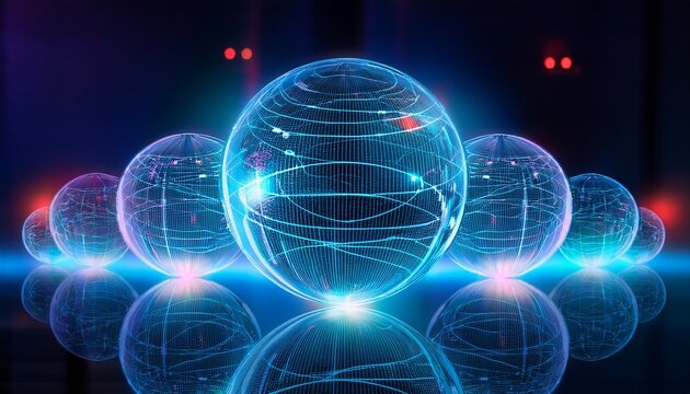 glowing spheres with neon lights create a digital network on a reflective surface creative background for technology it products artificial intelligence - Powered by Adobe