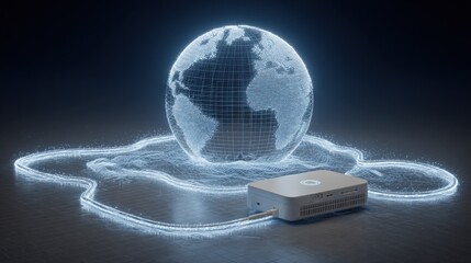 A small device connected to a glowing, wireframe globe with a cord, set against a dark background