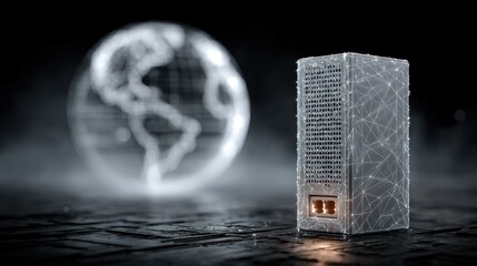 A 3D rendering of a rectangular object with a cracked surface and a glowing orange light at the bottom, set against a dark background with a blurred white globe