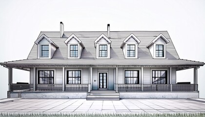 architectural outline of a residential building with porch and multiple windows